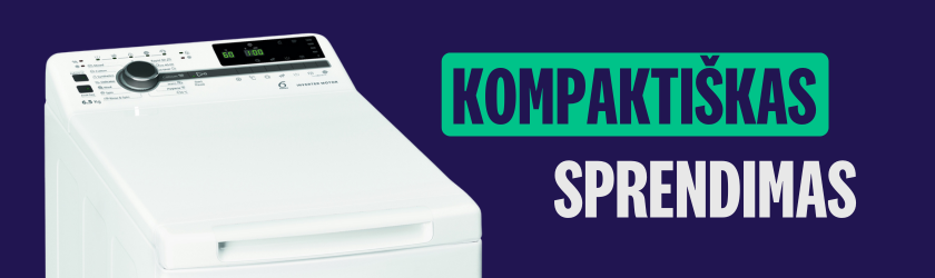 Viršuje pakraunama skalbimo mašina – kompaktiškas sprendimas mažoms erdvėms