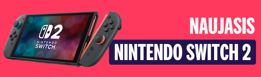 Naujasis Nintendo Switch 2 – rodomas atnaujintas konsolės dizainas su Joy-Con valdikliais.