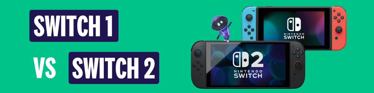 Nintendo Switch 1 vs Switch 2 – palyginimas tarp dviejų konsolių modelių su pavaizduotais įrenginiais.