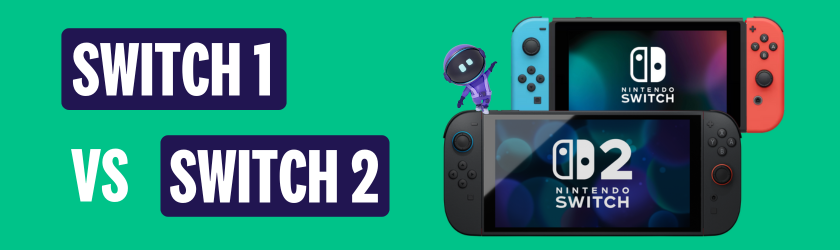 Nintendo Switch 1 vs Switch 2 – palyginimas tarp dviejų konsolių modelių su pavaizduotais įrenginiais.
