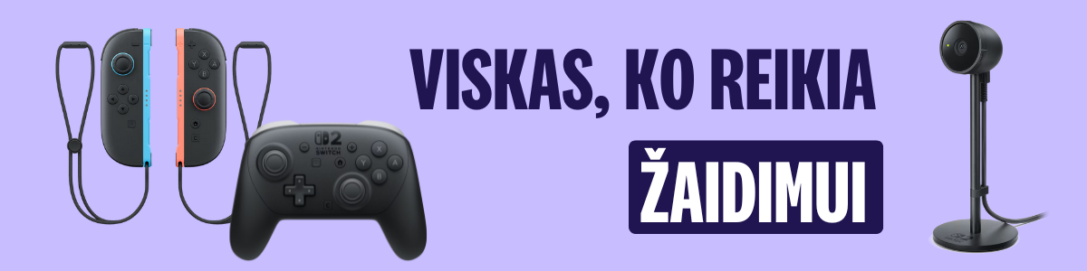 Viskas, ko reikia žaidimui – Nintendo Switch 2 valdikliai, priedai ir kamera.