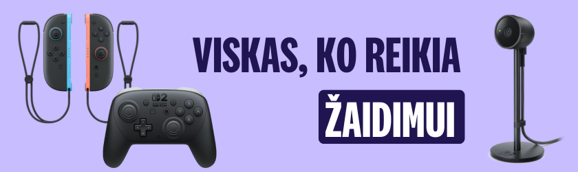 Viskas, ko reikia žaidimui – Nintendo Switch 2 valdikliai, priedai ir kamera.