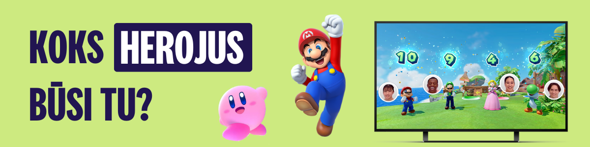 Koks herojus būsi tu? Nintendo Switch personažai, įskaitant Mario ir Kirby, bei žaidėjai ekrane.