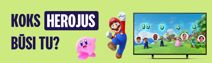 Koks herojus būsi tu? Nintendo Switch personažai, įskaitant Mario ir Kirby, bei žaidėjai ekrane.