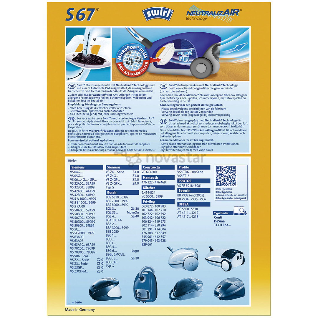 Swirl S 67 PET, 4 vnt. - Dulkių maišeliai