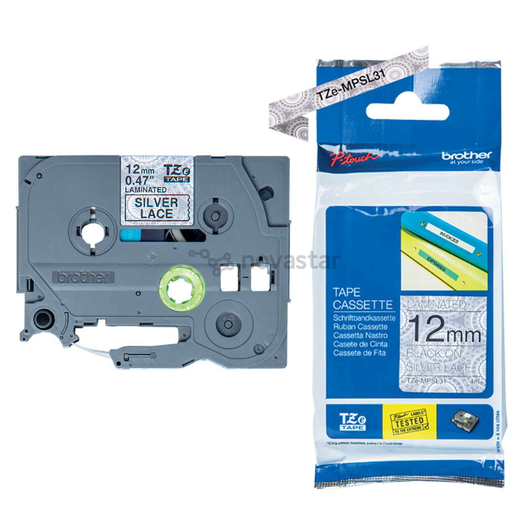 Labelling tape black on silver pattern background 4m x 12mm, Brother