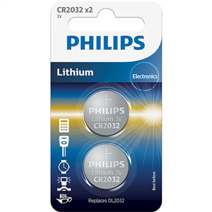 Elementai Philips CR2032 Lithium 3 V, 2 pcs (20.0 x 3.2) CR2032P2/01B