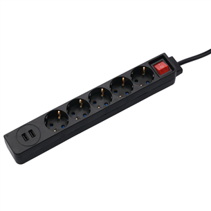 Ilgiklis Hama, 5 lizdai, 1.4m, 2xUSB, Juodas 00137351