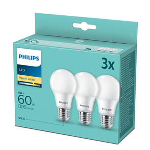 Lemputė Philips LED, E27 60W, Warm white, 3vnt.