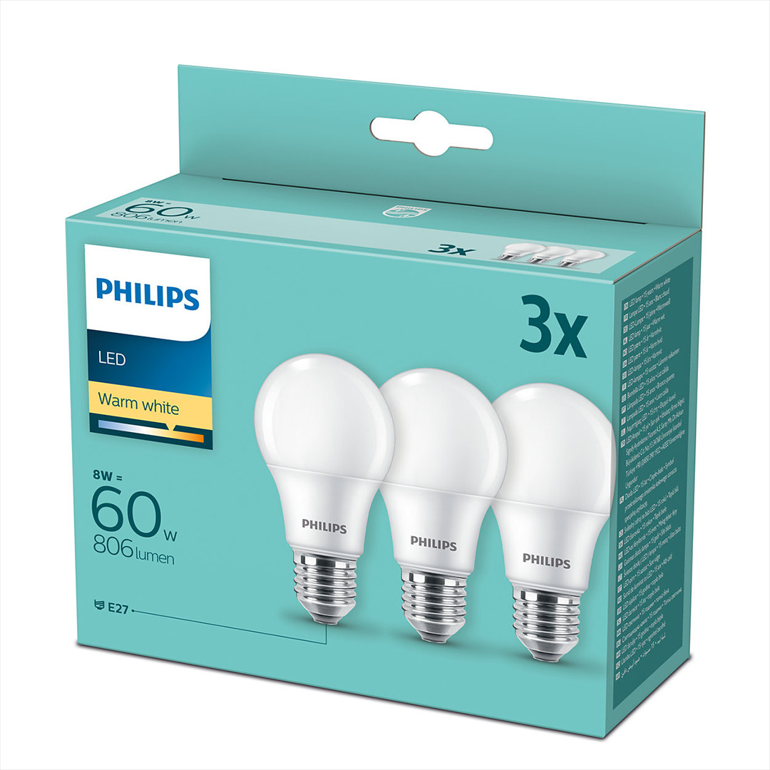 Lemputė Philips LED, E27 60W, Warm white, 3vnt.