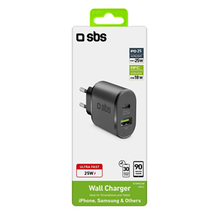 Įkroviklis SBS Fast charger USB-C 25 W, Juodas