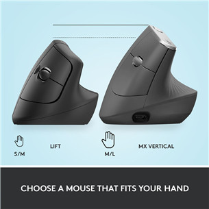 Logitech Lift Vertical Ergonomic Mouse, silent, juoda - Belaidė pelė