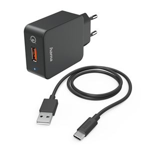 Hama Quick Charger With USB-C cable, 19,5 Вт, 1,5 м, черный - Зарядный адаптер с кабелем 00201625