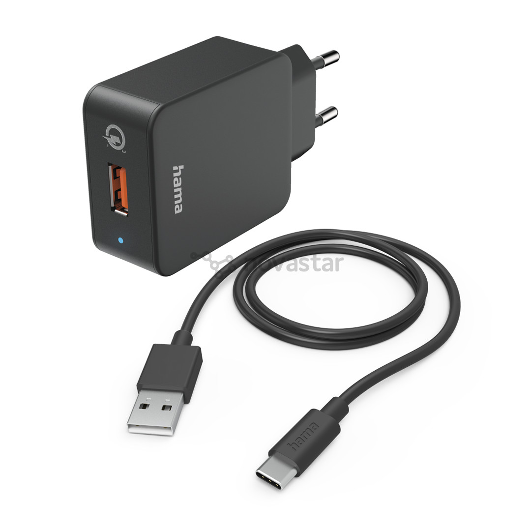 Hama Quick Charger With USB-C cable, 19,5 Вт, 1,5 м, черный - Зарядный адаптер с кабелем
