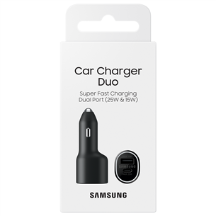 Automobilinis įkroviklis Samsung Duo, USB-A, USB-C, 25 W + 15 W, juodas