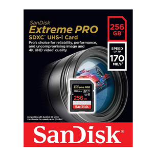 Atminties kortelė SanDisk Extreme PRO SDXC 256GB, 170MB/s, V30 UHS-I U3