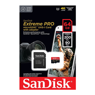 SanDisk Extreme Pro, UHS-I, microSD, 64 GB - Memory card and adapter