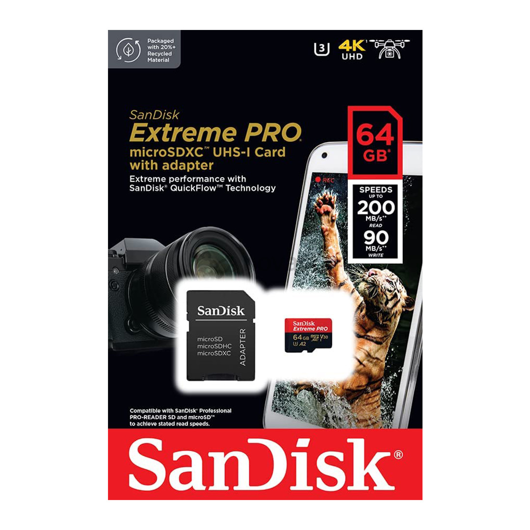 SanDisk Extreme Pro, UHS-I, microSD, 64 ГБ - Карта памяти и адаптер