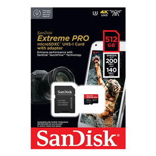 Atminties kortelė SanDisk Extreme Pro UHS-I, microSD, 512 GB + adapteris