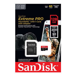 SanDisk Extreme Pro UHS-I, microSD, 128 GB - Memory card and adapter