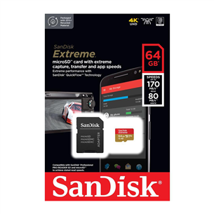 Atminties kortelė SanDisk Extreme, microSD, 64 GB + adapteris