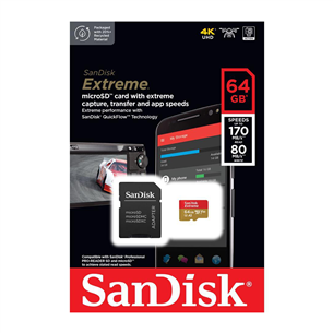 SanDisk Extreme, microSD, 64 GB - Memory card and adapter