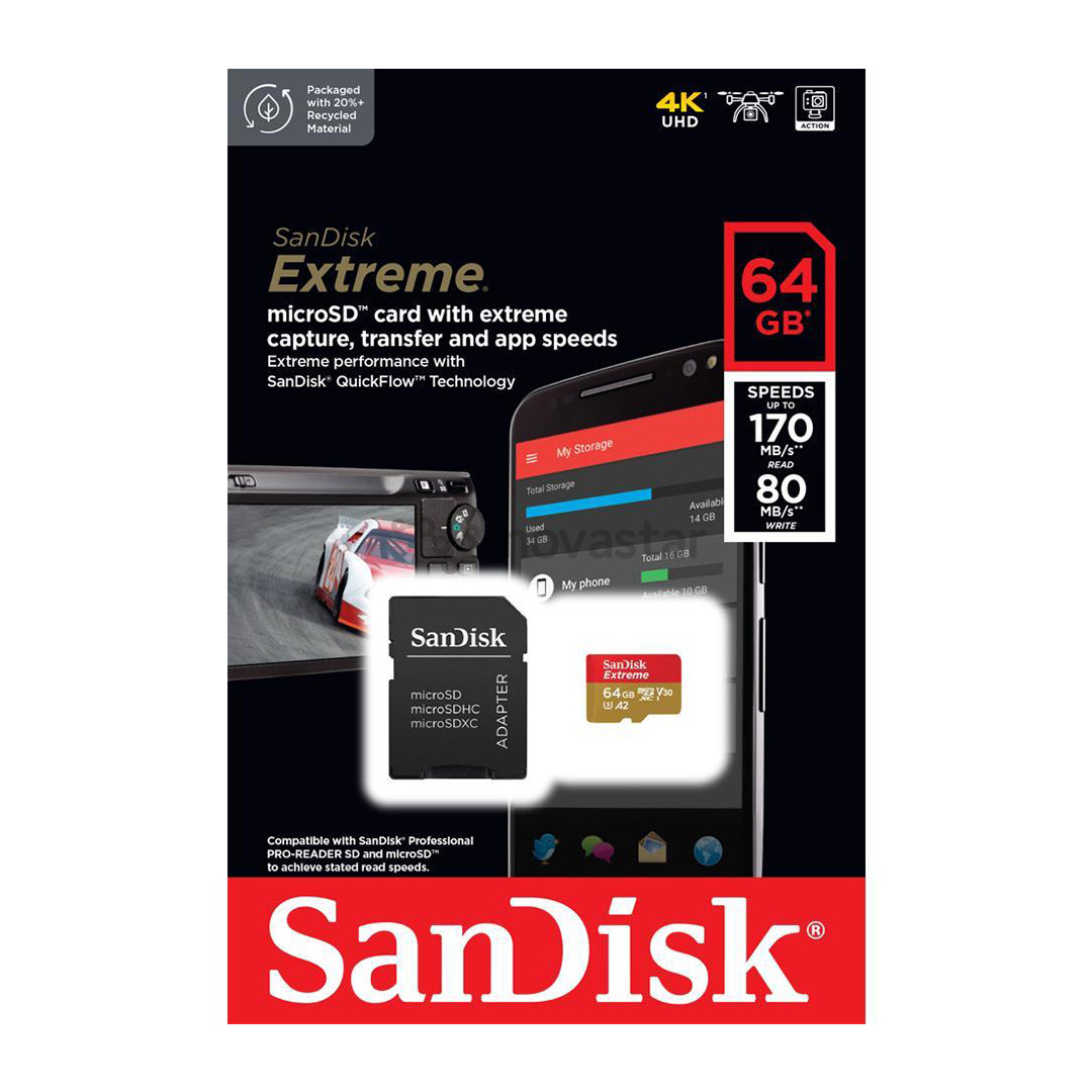 Atminties kortelė SanDisk Extreme, microSD, 64 GB + adapteris
