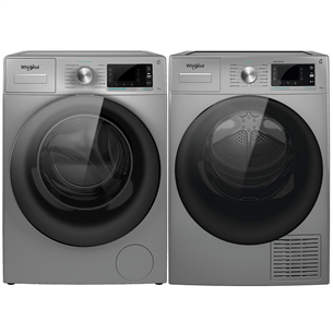 Skalbimo mašina + džiovyklė Whirlpool W6W945SB+W7D93SB, 6TH Sense, 9 kg + 9 kg, sidabrinė W6W945SB+W7D93SB