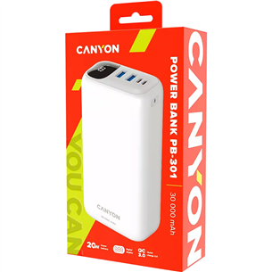 Canyon PB-301, 30 000 мАч, USB-A, USB-C, белый - Внешний аккумулятор