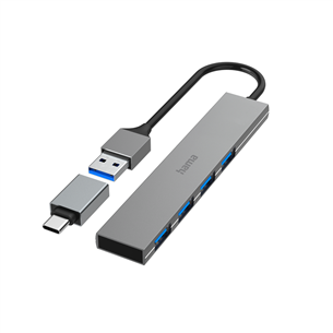 Šakotuvas Hama USB Hub, 4x USB 3.2 Gen 1, USB-C adapter, gray 00200141