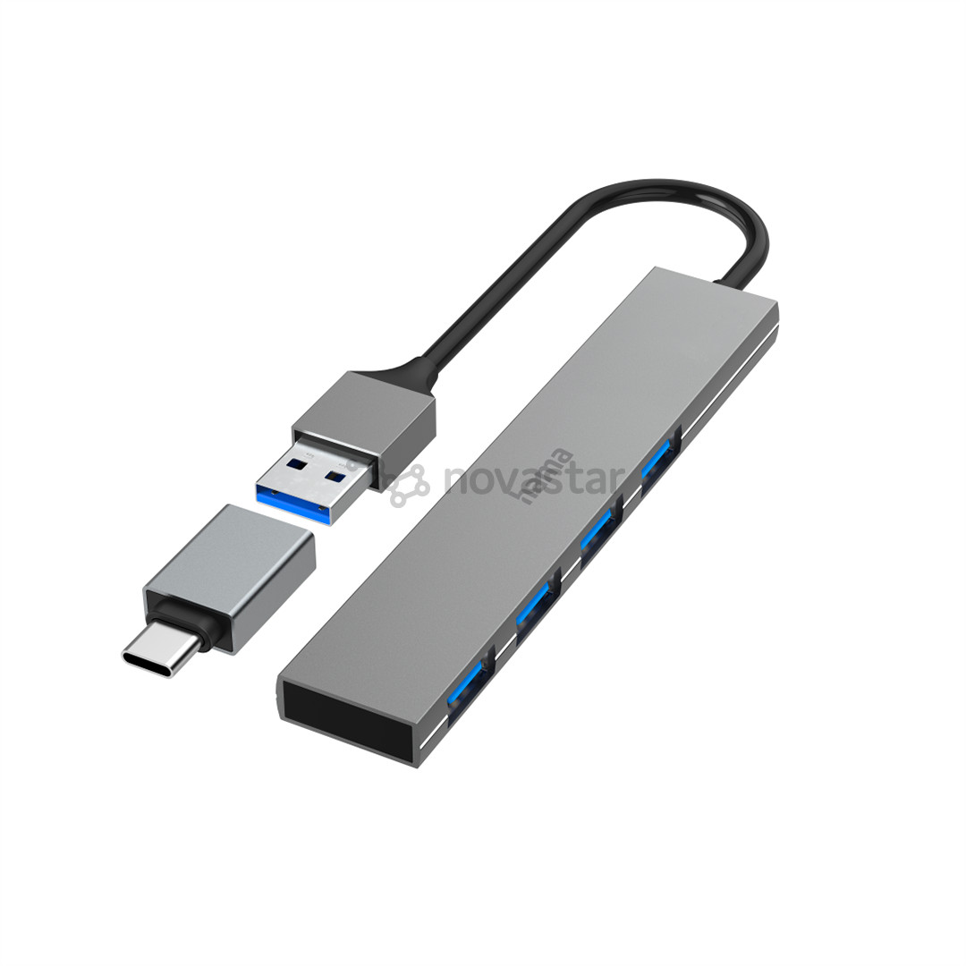 Šakotuvas Hama USB Hub, 4x USB 3.2 Gen 1, USB-C adapter, gray
