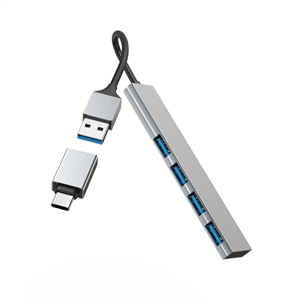 Šakotuvas Hama USB Hub, 4x USB 3.2 Gen 1, USB-C adapter, gray