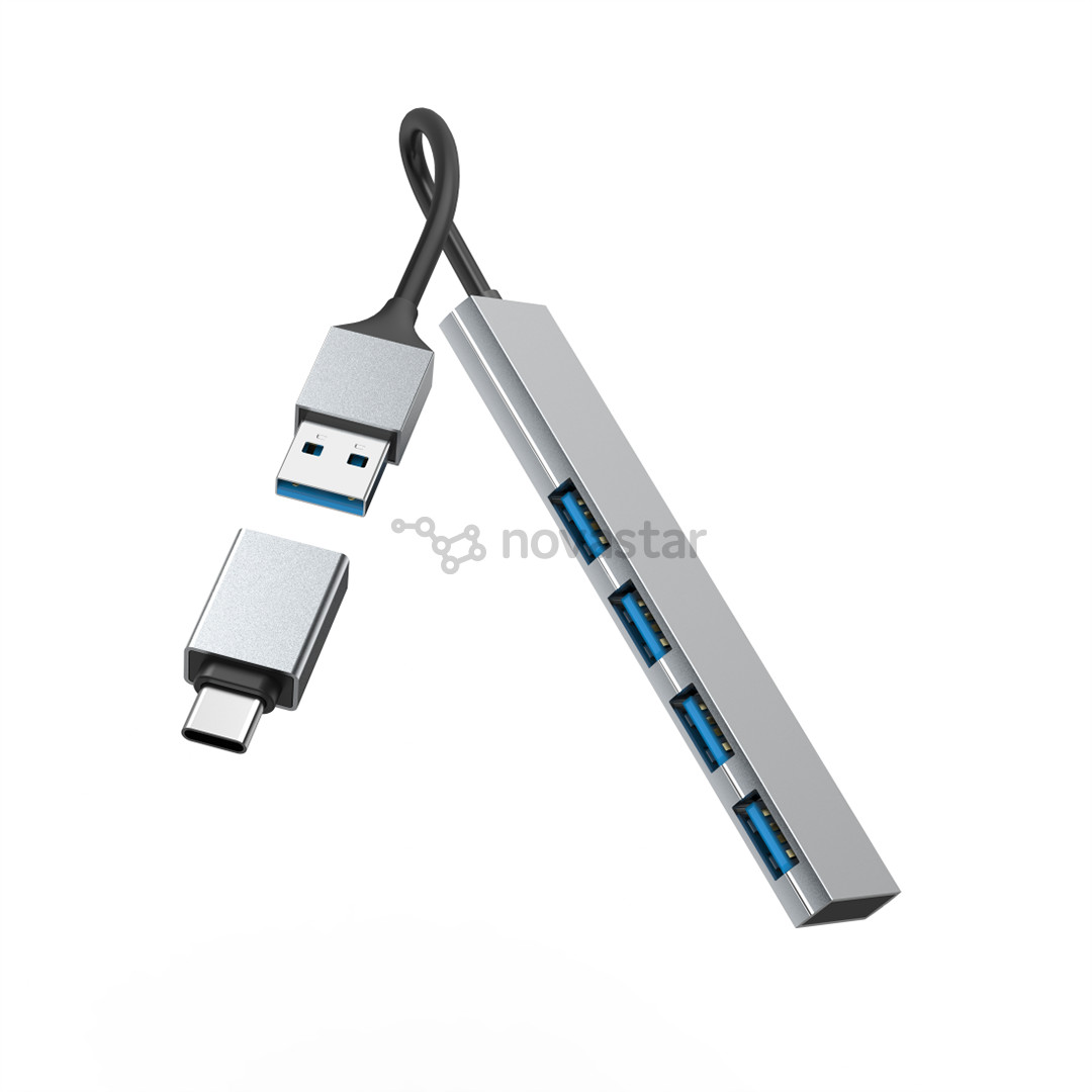 Šakotuvas Hama USB Hub, 4x USB 3.2 Gen 1, USB-C adapter, gray