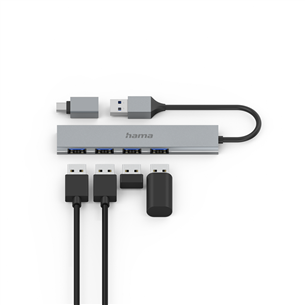 Šakotuvas Hama USB Hub, 4x USB 3.2 Gen 1, USB-C adapter, gray