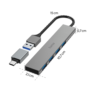 Šakotuvas Hama USB Hub, 4x USB 3.2 Gen 1, USB-C adapter, gray