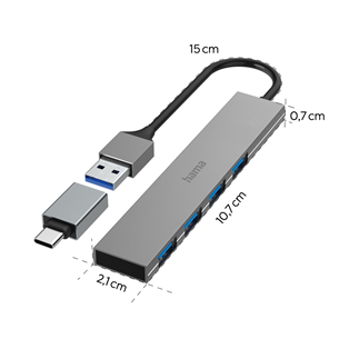 Hama USB Hub, 4x USB 3.2 Gen 1, адаптер USB-C, серый - USB-хаб