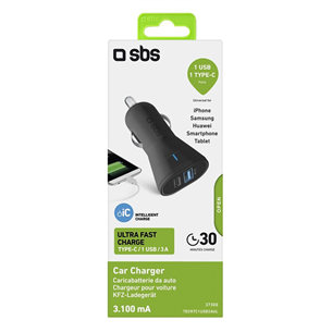 SBS, USB-A, USB-C, 10 W, black - Car charger