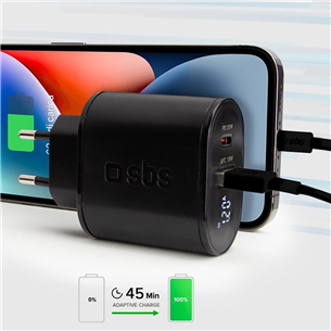 Įkroviklis SBS, USB-A, USB-C, LCD, 20 W, black