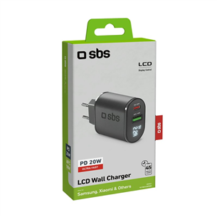 Įkroviklis SBS, USB-A, USB-C, LCD, 20 W, black
