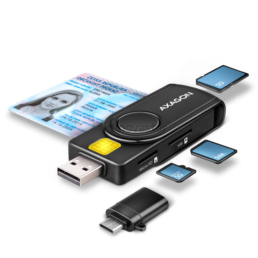 AXAGON CRE-SMP2A, USB-A, USB-C, memory card reader, black - Smart card reader CRE-SMP2A