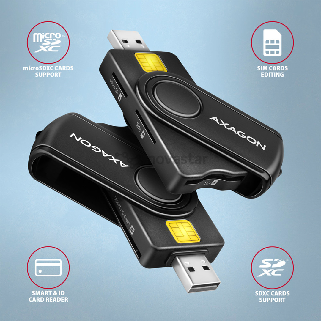 AXAGON CRE-SMP2A, USB-A, USB-C, memory card reader, black - Smart card reader