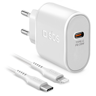 SBS, USB-C, Lightning, 20 W, white - Charger with cable