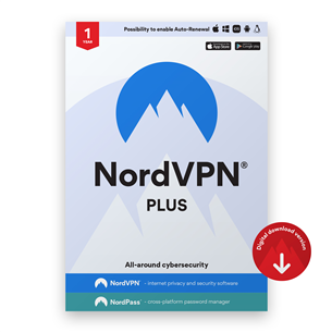 NordVPN Plus - Skaitmeninio saugumo programinės įrangos 1 mėnesio prenumerata skirta 6 įrenginiams