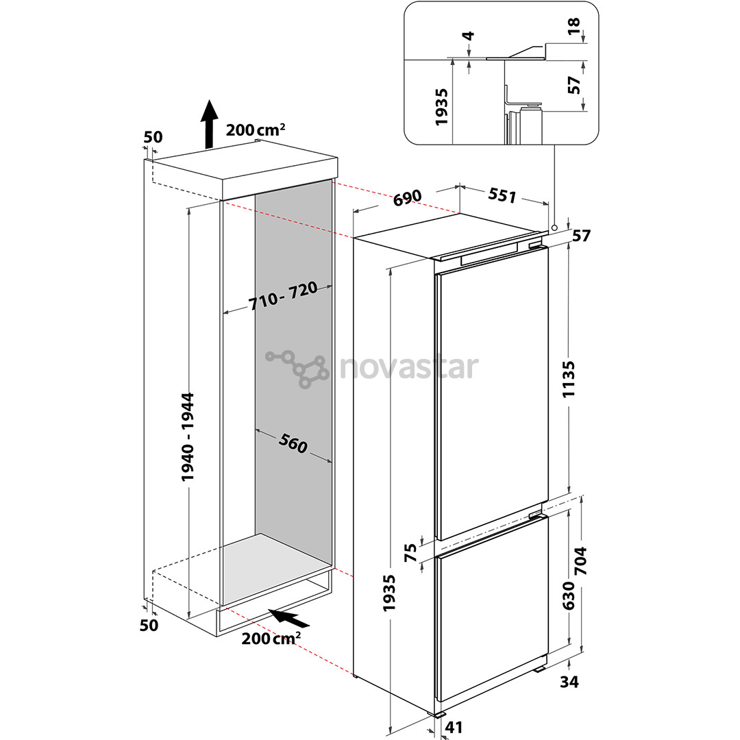 Įmontuojamas šaldytuvas Whirlpool WHSP70T241P, NoFrost, 394 L, 194 cm