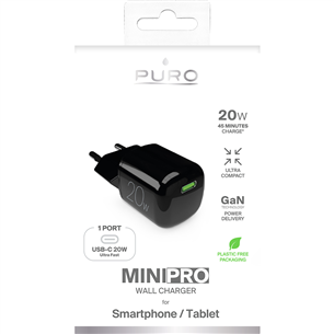 Įkroviklis Puro MiniPro, USB-C, 20 W, black