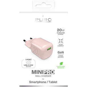 Įkroviklis Puro MiniPro, USB-C, 20 W, rose