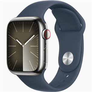 Apple Watch Series 9 GPS + Cellular, 41 мм, Sport Band, S/M, серебристая нержавеющая сталь/синий - Смарт-часы MRJ23ET/A