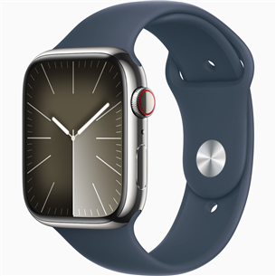 Apple Watch Series 9 GPS + Cellular, 45 mm, Sport Band, M/L, silver stainless steel / storm blue - Smartwatch MRMP3ET/A