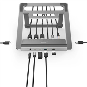 Hama Connect2Office Stand, USB-C dock, 12 lizdų, 100 W, pilkas - Nešiojamojo kompiuterio stovas/šakotuvas