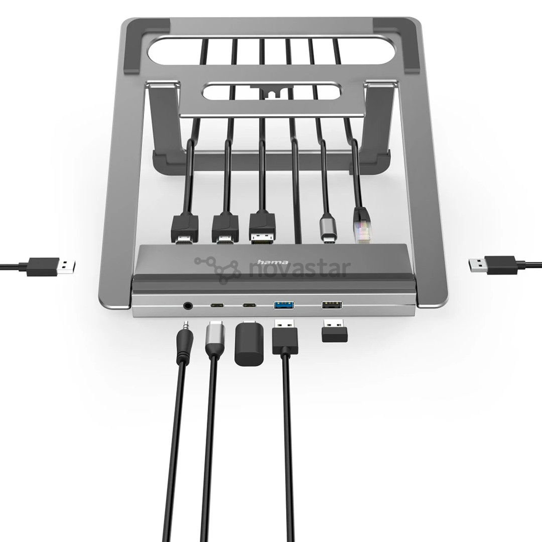 Hama Connect2Office Stand, USB-C dock, 12 lizdų, 100 W, pilkas - Nešiojamojo kompiuterio stovas/šakotuvas